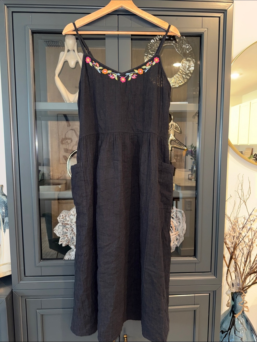 World Market Black Embroidered Floral Neckline Dress